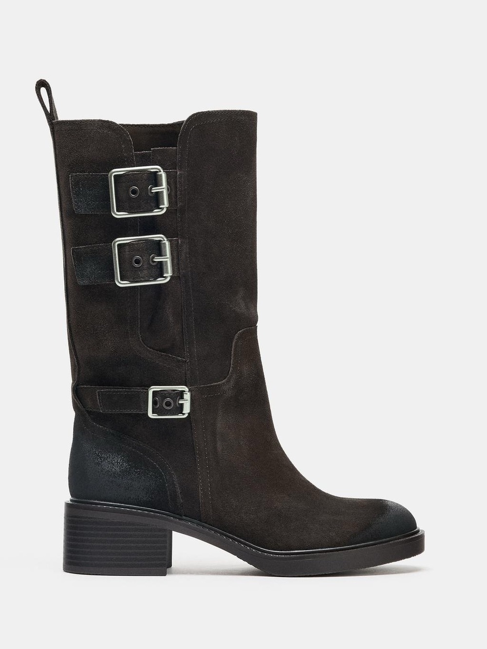 Zara NWT Brown Suede Leather Triple Buckle Moto Biker Boots US 9